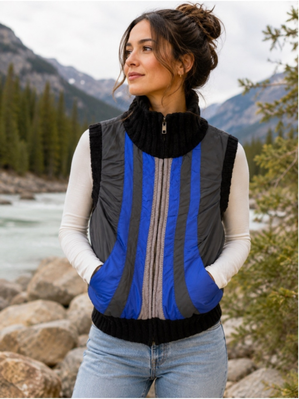 Free People Blue & Black Quilted Zip-Up Sweater Vest Size XS Y2K Gorpcore Cozy